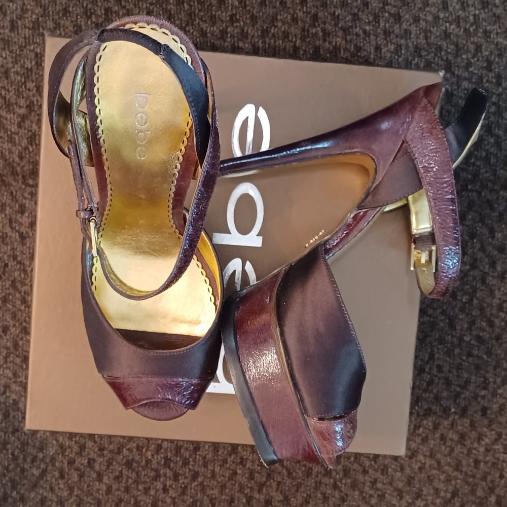 Bebe Peep toe, platfor heel, brown size 8